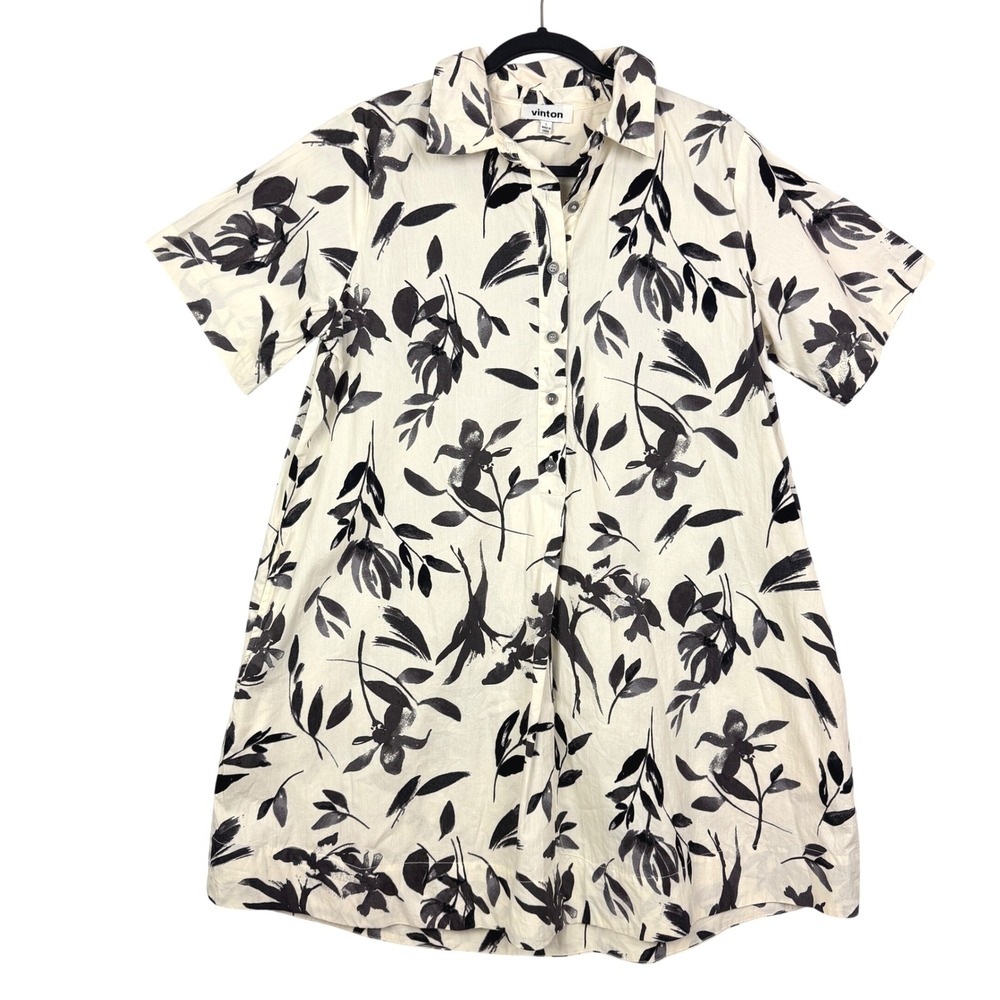 Vinton Large Women's Black Floral Print Button Down Cotton Shirt Dress Coastal